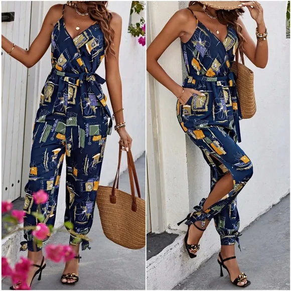 Boho Abstract Print Cut out Leg Cami Jumpsuit - Picture 1 of 5